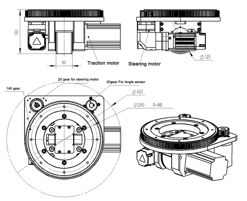 ZL-160 Hỗ trợ kép Bánh xe dẫn động AGV được tích hợp trong hộp giảm tốc bánh răng hành tinh